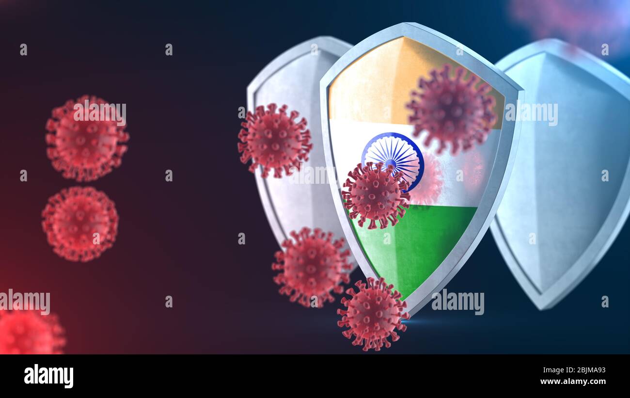 Protection de sécurité en tant que concept de protection antivirus. Barrière du coronavirus SRAS-Cov-2. Blindage en acier peint comme drapeau national de l'Inde, défendre contre COVID-19 Banque D'Images