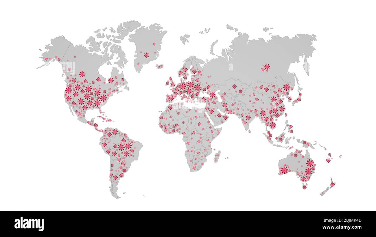 Carte du monde isolée sur fond blanc avec le virus rouge. Pandémie, concept de coronavirus. Rendu 3D. Banque D'Images