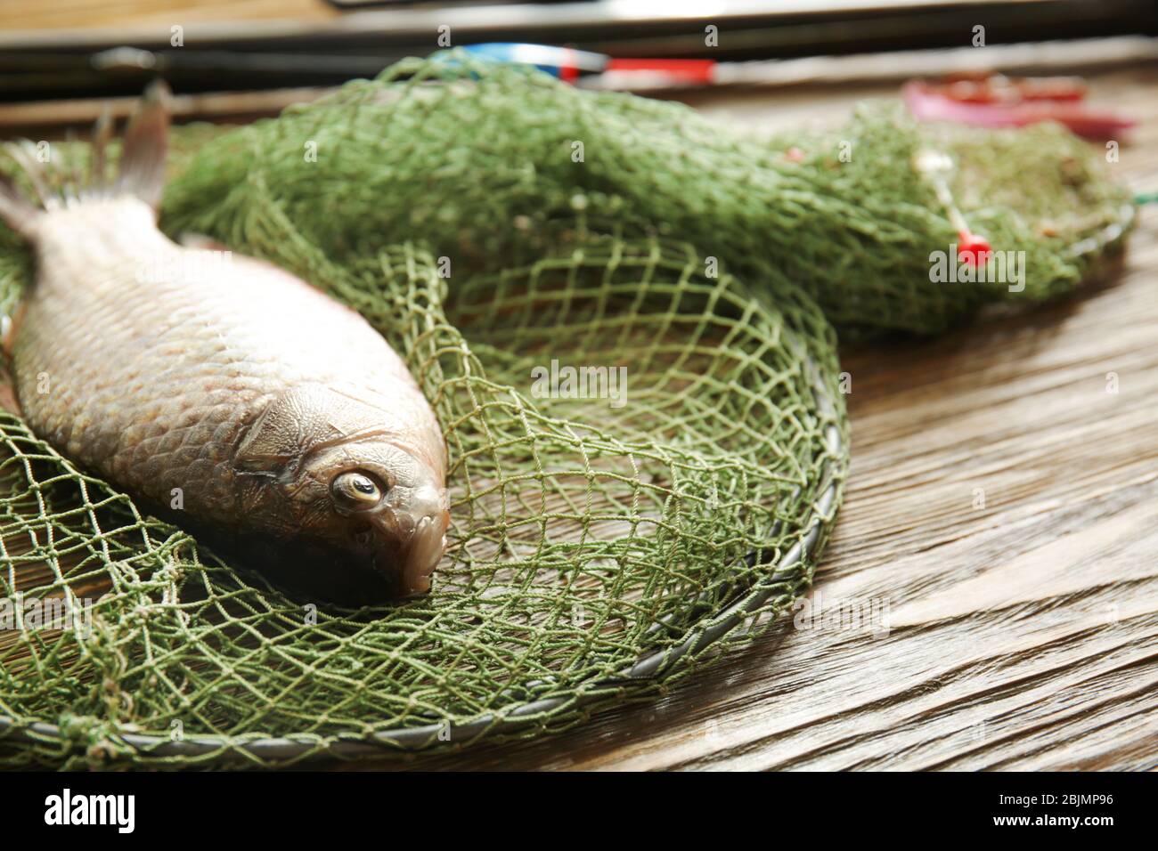Poisson frais et filet de pêche sur table en bois Banque D'Images