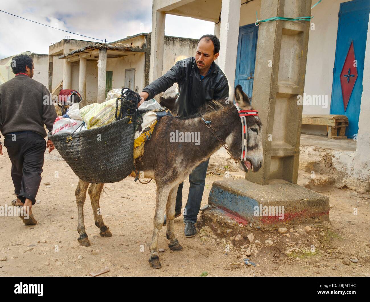Homme charge des sacs de selle sur son âne sur le marché d'Ida Ougourd  Market, près d'Essaouira, Maroc Photo Stock - Alamy