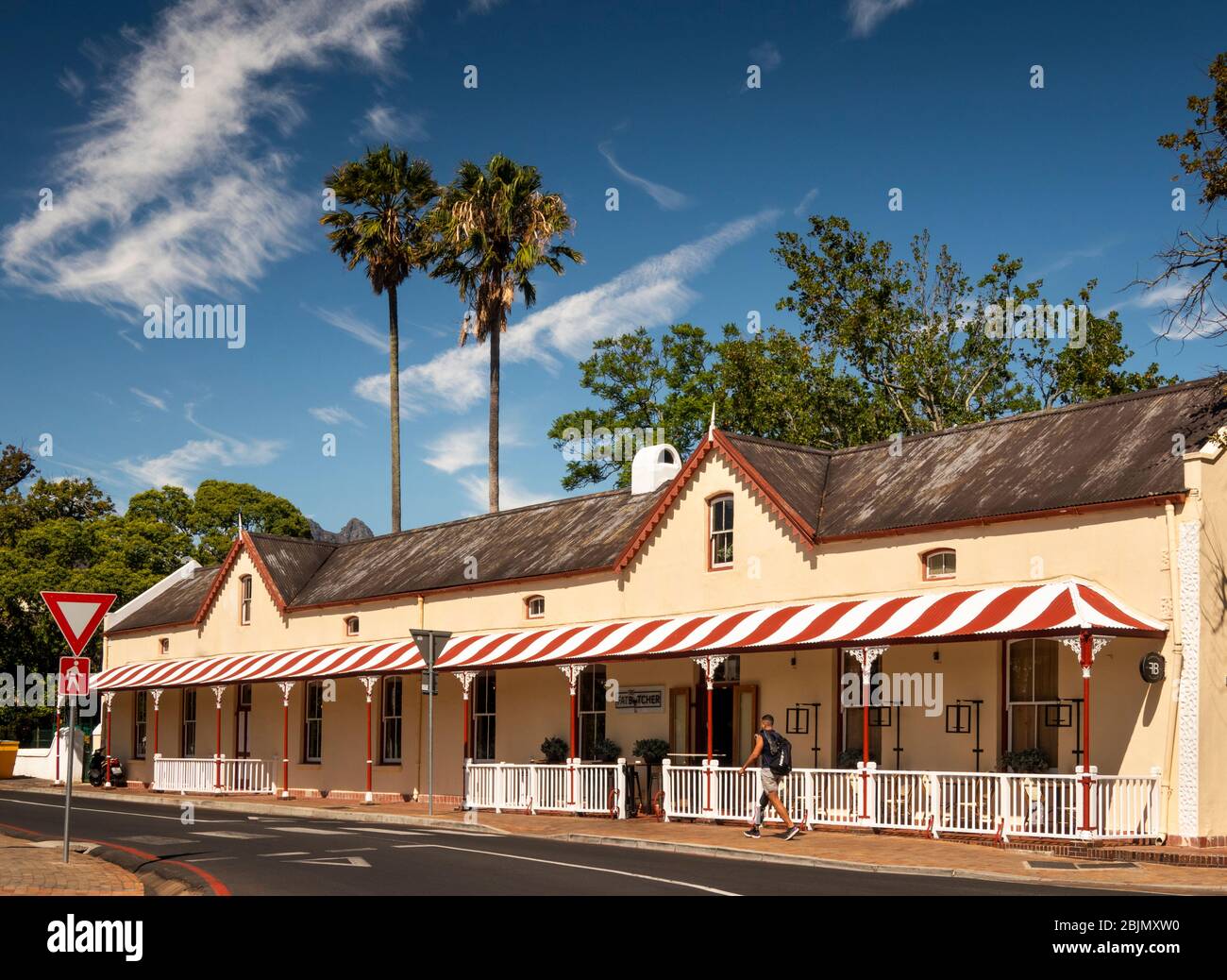 Afrique du Sud, Stellenbosch, rue Van Riebeek, restaurant Fat Butcher dans une rangée historique de magasins Banque D'Images