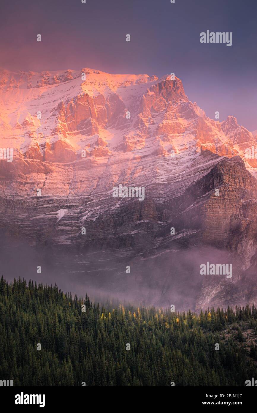 Vue sur le mont Temple depuis le lac Moraine au lever du soleil, parc national Banff, Rocheuses canadiennes, Alberta, Canada Banque D'Images