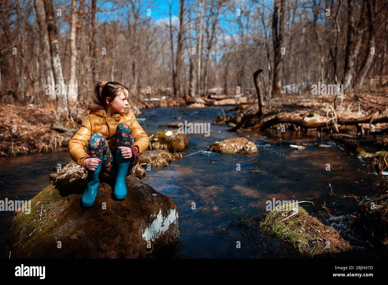 Fille assise sur un rocher au milieu d'une rivière, États-Unis Banque D'Images