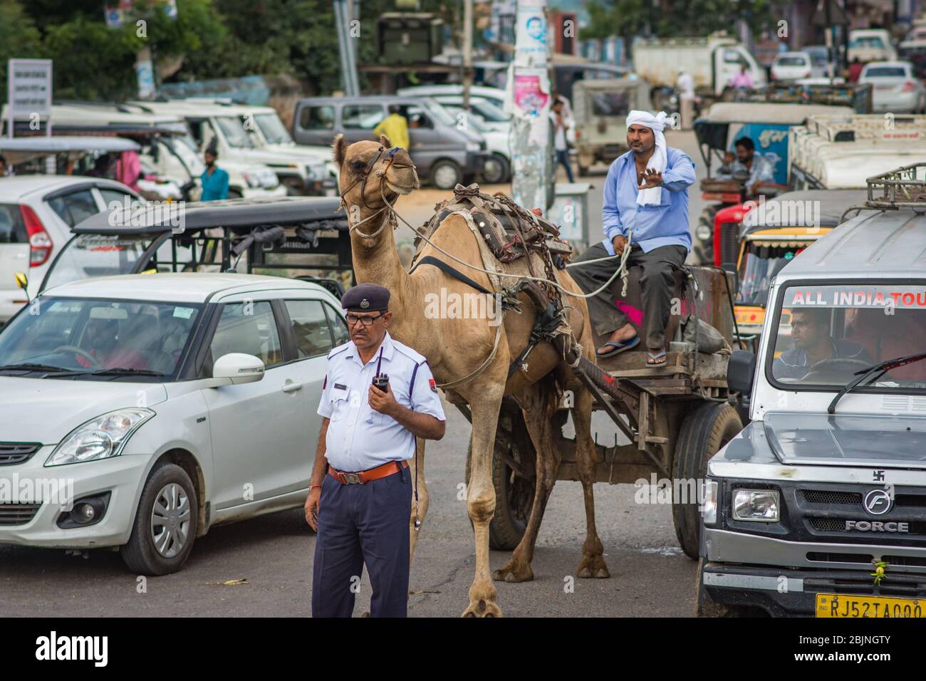 Jaipur, Rajasthan / Inde - 28 septembre 2019: Agent de police de la circulation dirigeant le trafic avec des voitures et un chariot de traction Camel, Jaipur, Rajasthan, Inde Banque D'Images