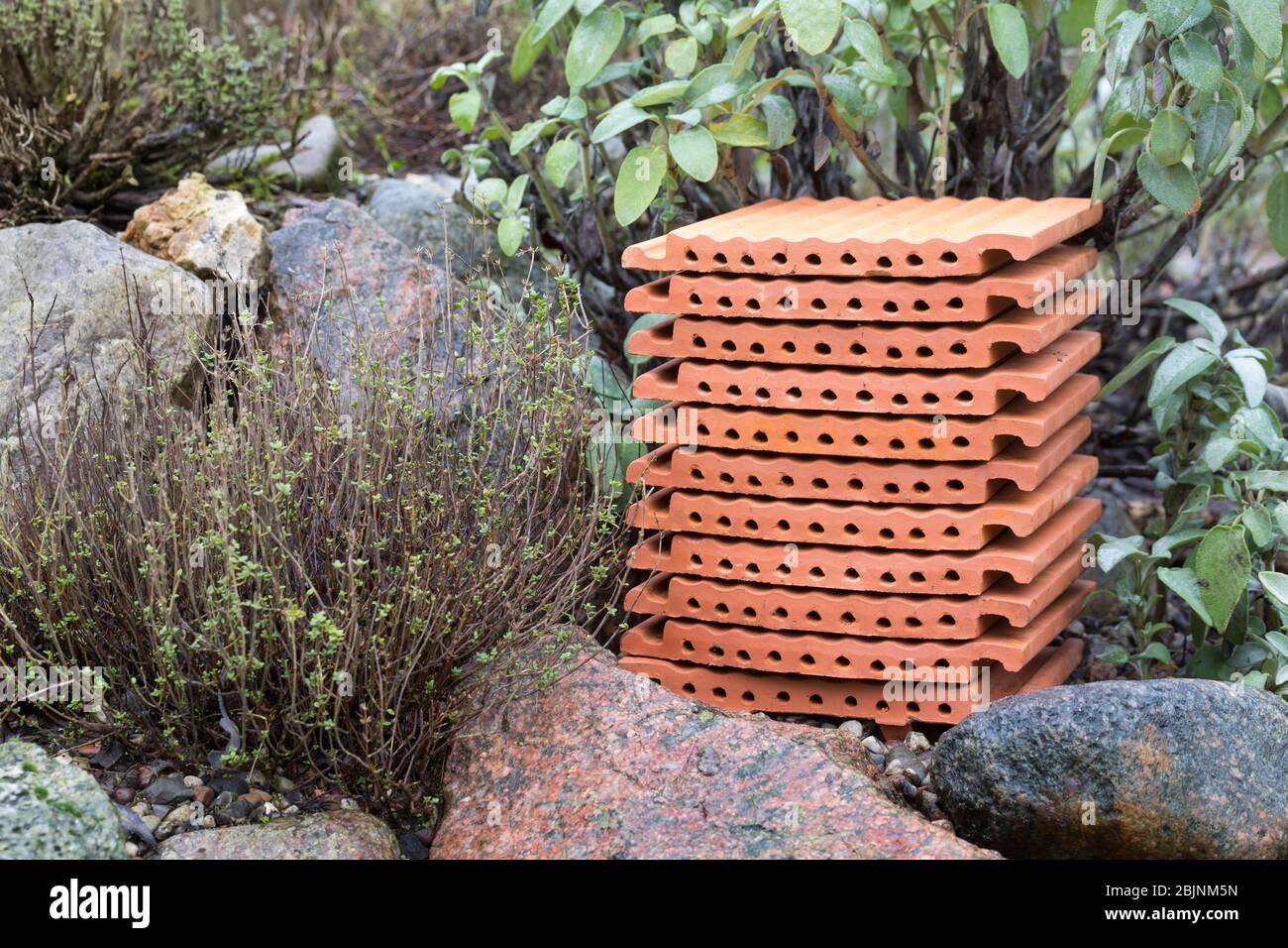 Aide à la nidification pour les abeilles sauvages, tuiles de verrouillage, Allemagne Banque D'Images
