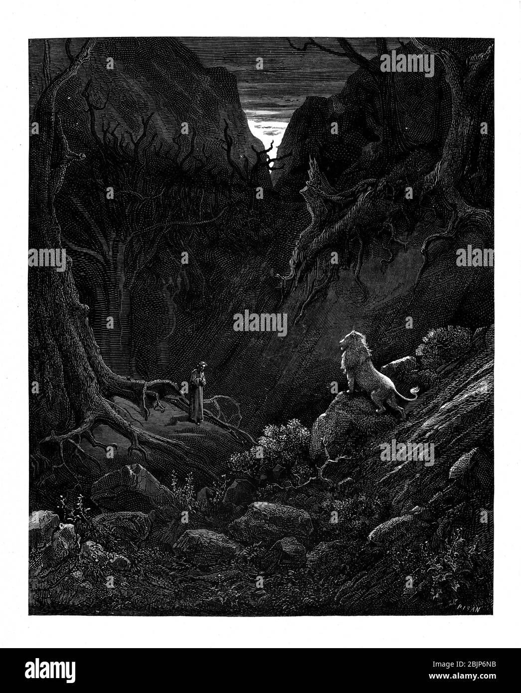 Le Lion affronte soudain Dante de la Divine Comédie par le poète italien Dante Alighieri du XIVe siècle. 1860 œuvres d'art, de l'artiste français Gustave Dore et gravées par Stéphane Pannemaker, de 'la Vision de l'Enfer' (1868), traduction anglaise de Cary de l'Inferno. Dante a écrit son poème épique "Divina Commedia" (la Divine Comedy) entre 1308 et sa mort en 1321. Composé de 14 233 lignes, et divisé en trois parties (Inferno, Purgatorio et Paradiso), il est considéré comme la plus grande œuvre littéraire en langue italienne et un chef-d'œuvre mondial. Il s'agit d'une étude complète de la théologie médiévale, l Banque D'Images