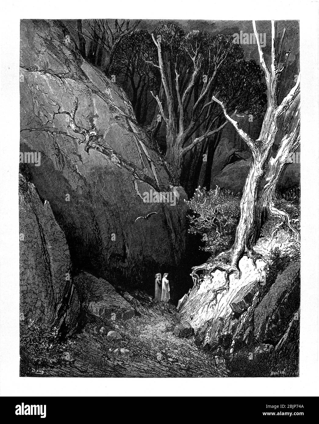 Virgile et Dante de la Divine Comédie du poète italien du XIVe siècle Dante Alighieri. 1860 œuvres d'art, de l'artiste français Gustave Dore et gravées par Stéphane Pannemaker, de 'la Vision de l'Enfer' (1868), traduction anglaise de Cary de l'Inferno. Dante a écrit son poème épique "Divina Commedia" (la Divine Comedy) entre 1308 et sa mort en 1321. Composé de 14 233 lignes, et divisé en trois parties (Inferno, Purgatorio et Paradiso), il est considéré comme la plus grande œuvre littéraire en langue italienne et un chef-d'œuvre mondial. Il s'agit d'une étude complète de théologie médiévale, de littérature et de tho Banque D'Images