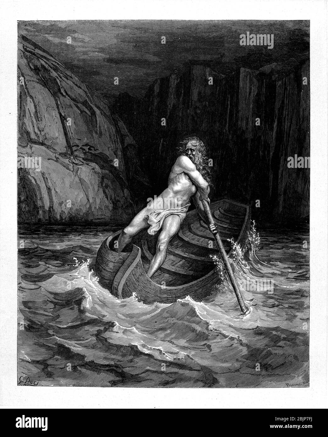 Charon le Ferryman traversant la rivière Achero de la Divine Comédie par le poète italien Dante Alighieri du XIVe siècle. 1860 œuvres d'art, de l'artiste français Gustave Dore et gravées par Stéphane Pannemaker, de 'la Vision de l'Enfer' (1868), traduction anglaise de Cary de l'Inferno. Dante a écrit son poème épique "Divina Commedia" (la Divine Comedy) entre 1308 et sa mort en 1321. Composé de 14 233 lignes, et divisé en trois parties (Inferno, Purgatorio et Paradiso), il est considéré comme la plus grande œuvre littéraire en langue italienne et un chef-d'œuvre mondial. C'est une étude complète de médiéval Banque D'Images