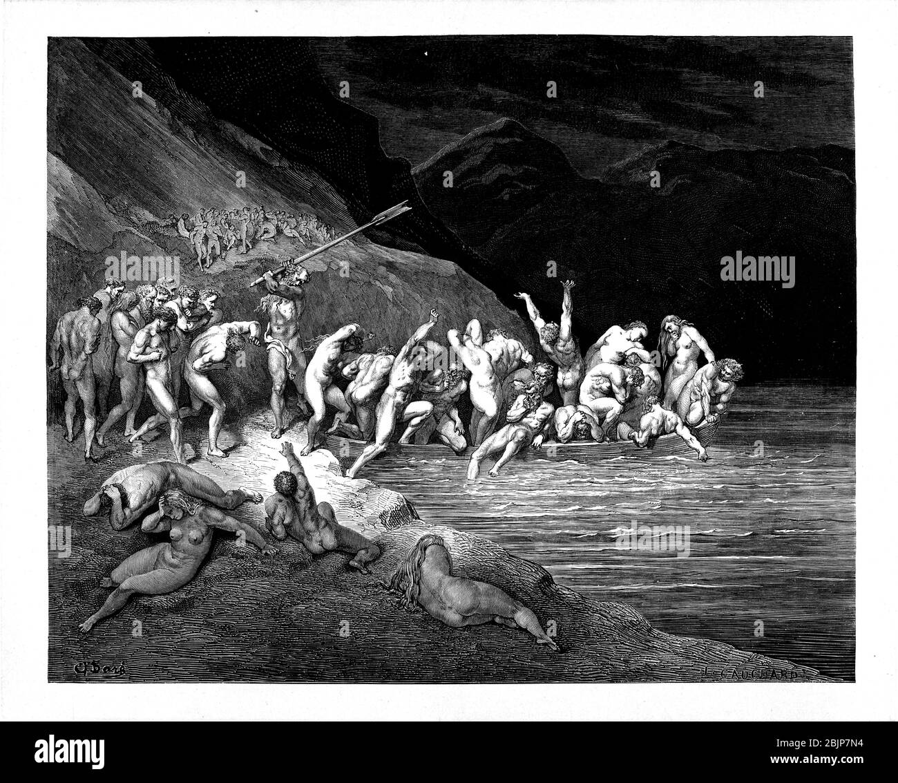 Charon déchine les pécheurs sur son bateau de la Divine Comédie par le poète italien Dante Alighieri du XIVe siècle. 1860 œuvres d'art, de l'artiste français Gustave Dore et gravées par Stéphane Pannemaker, de 'la Vision de l'Enfer' (1868), traduction anglaise de Cary de l'Inferno. Dante a écrit son poème épique "Divina Commedia" (la Divine Comedy) entre 1308 et sa mort en 1321. Composé de 14 233 lignes, et divisé en trois parties (Inferno, Purgatorio et Paradiso), il est considéré comme la plus grande œuvre littéraire en langue italienne et un chef-d'œuvre mondial. C'est une étude complète du théolo médiéval Banque D'Images Charon déchine les pécheurs sur son bateau de la Divine Comédie par le poète italien Dante Alighieri du XIVe siècle. 1860 œuvres d'art, de l'artiste français Gustave Dore et gravées par Stéphane Pannemaker, de 'la Vision de l'Enfer' (1868), traduction anglaise de Cary de l'Inferno. Dante a écrit son poème épique "Divina Commedia" (la Divine Comedy) entre 1308 et sa mort en 1321. Composé de 14 233 lignes, et divisé en trois parties (Inferno, Purgatorio et Paradiso), il est considéré comme la plus grande œuvre littéraire en langue italienne et un chef-d'œuvre mondial. C'est une étude complète du théolo médiéval Banque D'Images