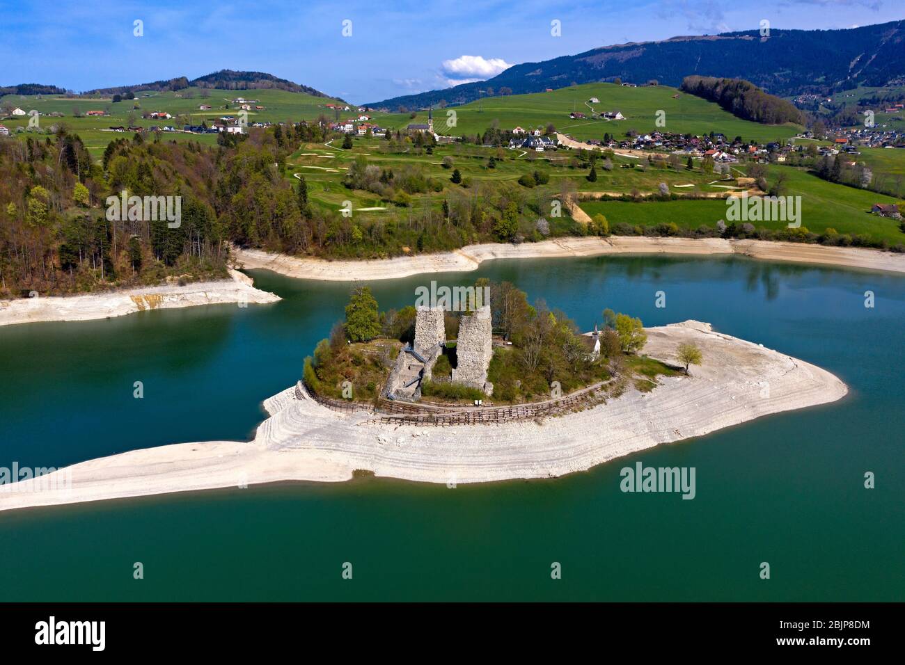 Ruines de la forteresse de Pont-en-Ogoz sur l’île d’Ogoz, Ile d’Ogoz, Lac de la Gruyere, Canton de Friborg, Suisse Banque D'Images