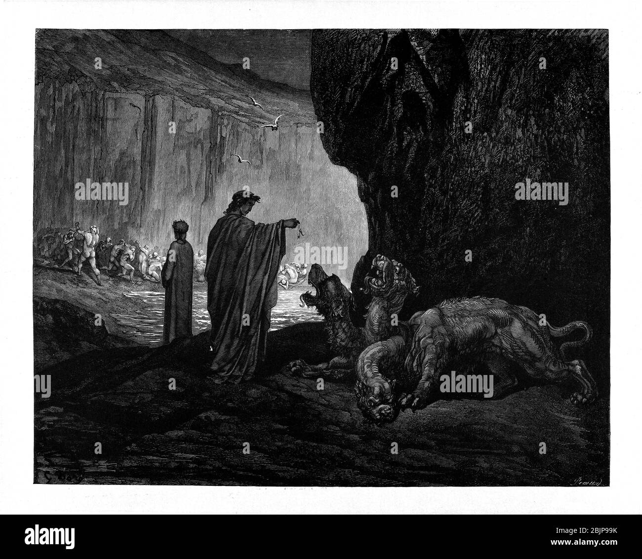 De la Divine Comédie par le poète italien du XIVe siècle Dante Alighieri. 1860 œuvres d'art, de l'artiste français Gustave Dore et gravées par Stéphane Pannemaker, de 'la Vision de l'Enfer' (1868), traduction anglaise de Cary de l'Inferno. Dante a écrit son poème épique "Divina Commedia" (la Divine Comedy) entre 1308 et sa mort en 1321. Composé de 14 233 lignes, et divisé en trois parties (Inferno, Purgatorio et Paradiso), il est considéré comme la plus grande œuvre littéraire en langue italienne et un chef-d'œuvre mondial. Il s'agit d'une étude complète de la théologie, de la littérature et de la pensée médiévales. Le nouveau non Banque D'Images