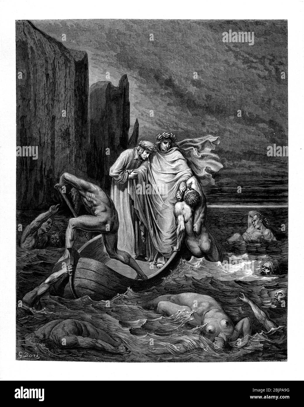 De la Divine Comédie par le poète italien du XIVe siècle Dante Alighieri. 1860 œuvres d'art, de l'artiste français Gustave Dore et gravées par Stéphane Pannemaker, de 'la Vision de l'Enfer' (1868), traduction anglaise de Cary de l'Inferno. Dante a écrit son poème épique "Divina Commedia" (la Divine Comedy) entre 1308 et sa mort en 1321. Composé de 14 233 lignes, et divisé en trois parties (Inferno, Purgatorio et Paradiso), il est considéré comme la plus grande œuvre littéraire en langue italienne et un chef-d'œuvre mondial. Il s'agit d'une étude complète de la théologie, de la littérature et de la pensée médiévales. Le nouveau non Banque D'Images