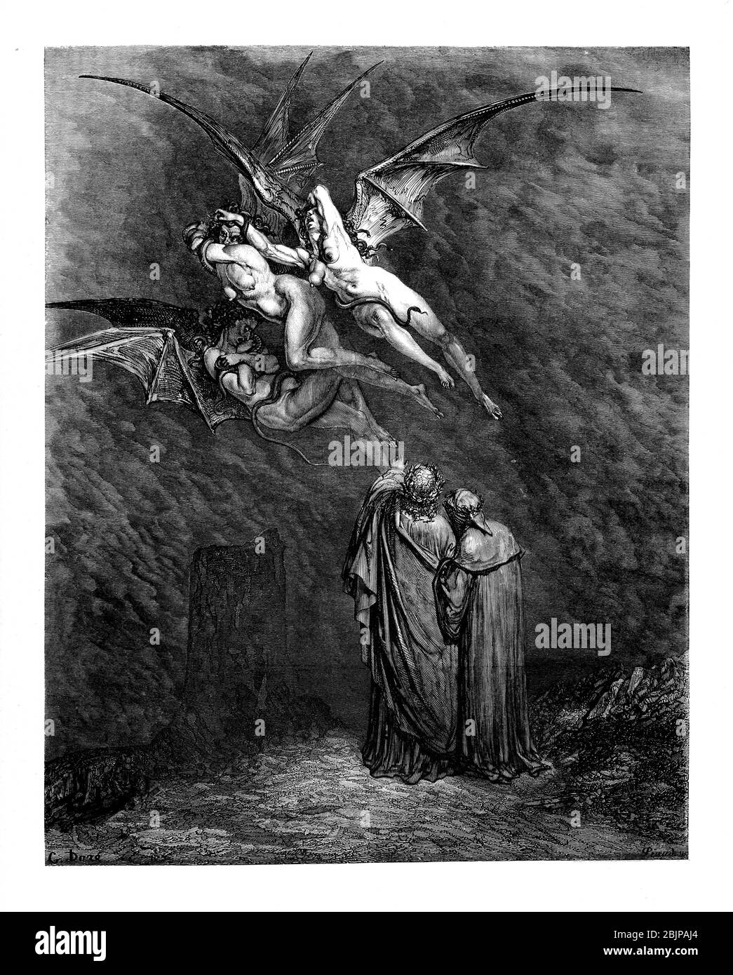 De la Divine Comédie par le poète italien du XIVe siècle Dante Alighieri. 1860 œuvres d'art, de l'artiste français Gustave Dore et gravées par Stéphane Pannemaker, de 'la Vision de l'Enfer' (1868), traduction anglaise de Cary de l'Inferno. Dante a écrit son poème épique "Divina Commedia" (la Divine Comedy) entre 1308 et sa mort en 1321. Composé de 14 233 lignes, et divisé en trois parties (Inferno, Purgatorio et Paradiso), il est considéré comme la plus grande œuvre littéraire en langue italienne et un chef-d'œuvre mondial. Il s'agit d'une étude complète de la théologie, de la littérature et de la pensée médiévales. Le nouveau non Banque D'Images