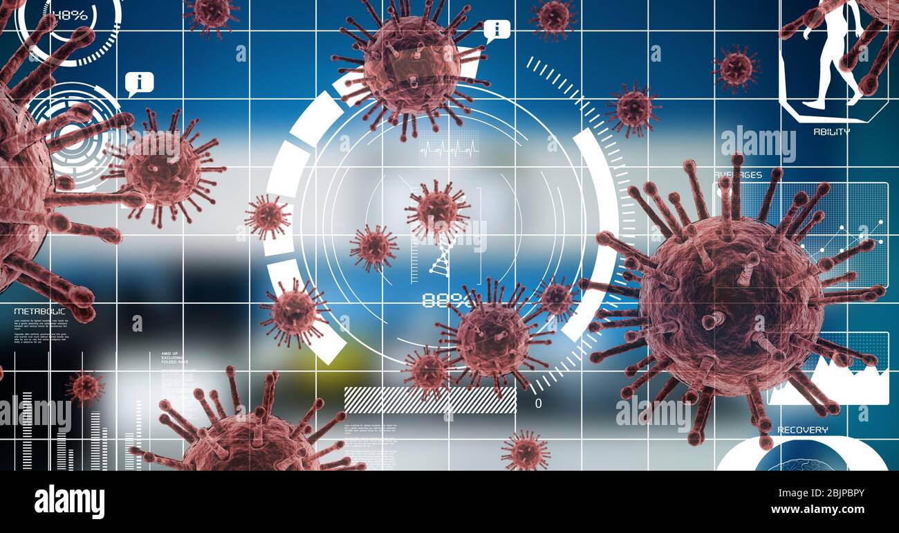 Illustration numérique de la lecture de la portée et de la macro Coronavirus Covid-19 cellules se propageant Banque D'Images