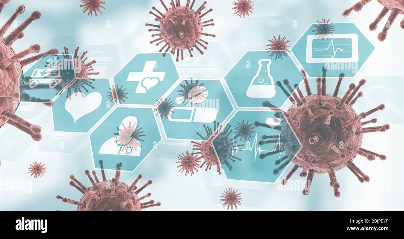 Illustration numérique de la macro Coronavirus Covid-19 cellules et icônes médicales flottant Banque D'Images