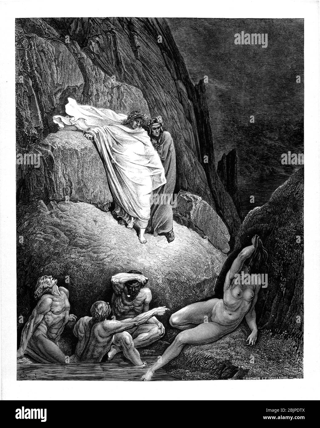 De la Divine Comédie par le poète italien du XIVe siècle Dante Alighieri. 1860 œuvres d'art, de l'artiste français Gustave Dore et gravées par Stéphane Pannemaker, de 'la Vision de l'Enfer' (1868), traduction anglaise de Cary de l'Inferno. Dante a écrit son poème épique "Divina Commedia" (la Divine Comedy) entre 1308 et sa mort en 1321. Composé de 14 233 lignes, et divisé en trois parties (Inferno, Purgatorio et Paradiso), il est considéré comme la plus grande œuvre littéraire en langue italienne et un chef-d'œuvre mondial. Il s'agit d'une étude complète de la théologie, de la littérature et de la pensée médiévales. Le nouveau non Banque D'Images