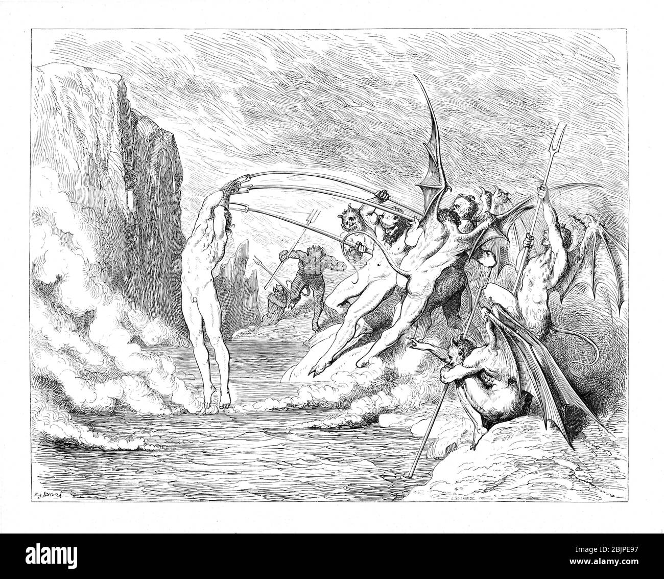De la Divine Comédie par le poète italien du XIVe siècle Dante Alighieri. 1860 œuvres d'art, de l'artiste français Gustave Dore et gravées par Stéphane Pannemaker, de 'la Vision de l'Enfer' (1868), traduction anglaise de Cary de l'Inferno. Dante a écrit son poème épique "Divina Commedia" (la Divine Comedy) entre 1308 et sa mort en 1321. Composé de 14 233 lignes, et divisé en trois parties (Inferno, Purgatorio et Paradiso), il est considéré comme la plus grande œuvre littéraire en langue italienne et un chef-d'œuvre mondial. Il s'agit d'une étude complète de la théologie, de la littérature et de la pensée médiévales. Le nouveau non Banque D'Images