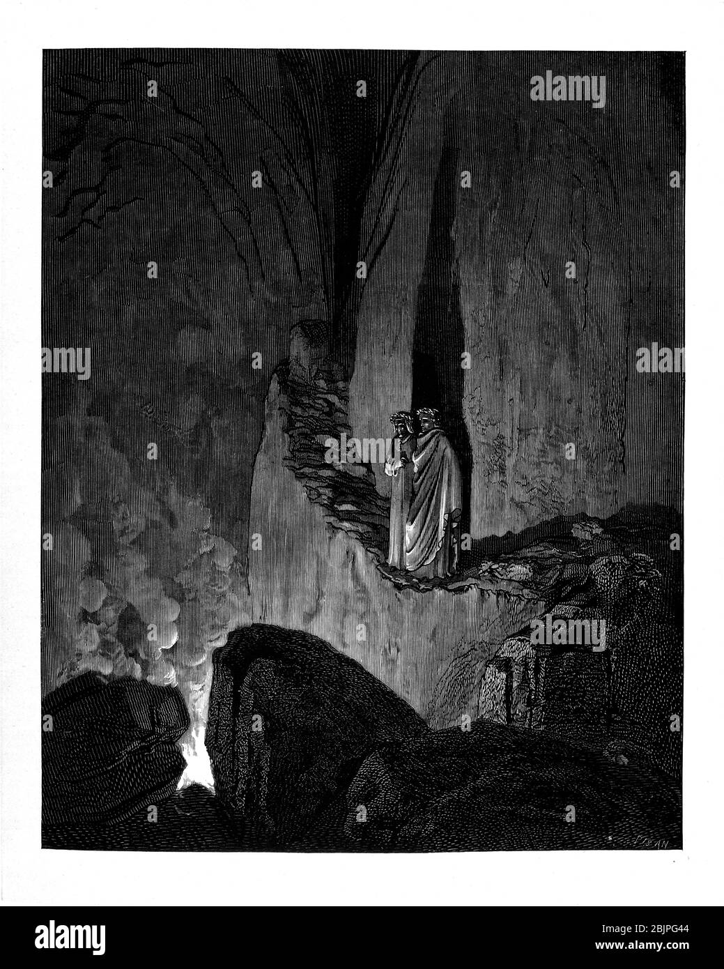 De la Divine Comédie par le poète italien du XIVe siècle Dante Alighieri. 1860 œuvres d'art, de l'artiste français Gustave Dore et gravées par Stéphane Pannemaker, de 'la Vision de l'Enfer' (1868), traduction anglaise de Cary de l'Inferno. Dante a écrit son poème épique "Divina Commedia" (la Divine Comedy) entre 1308 et sa mort en 1321. Composé de 14 233 lignes, et divisé en trois parties (Inferno, Purgatorio et Paradiso), il est considéré comme la plus grande œuvre littéraire en langue italienne et un chef-d'œuvre mondial. Il s'agit d'une étude complète de la théologie, de la littérature et de la pensée médiévales. Le nouveau non Banque D'Images