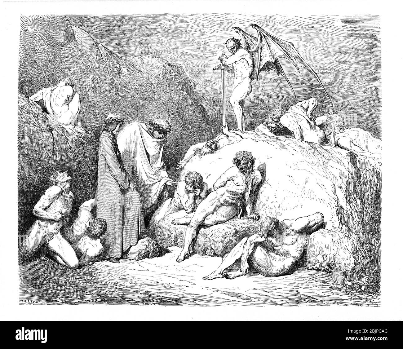 De la Divine Comédie par le poète italien du XIVe siècle Dante Alighieri. 1860 œuvres d'art, de l'artiste français Gustave Dore et gravées par Stéphane Pannemaker, de 'la Vision de l'Enfer' (1868), traduction anglaise de Cary de l'Inferno. Dante a écrit son poème épique "Divina Commedia" (la Divine Comedy) entre 1308 et sa mort en 1321. Composé de 14 233 lignes, et divisé en trois parties (Inferno, Purgatorio et Paradiso), il est considéré comme la plus grande œuvre littéraire en langue italienne et un chef-d'œuvre mondial. Il s'agit d'une étude complète de la théologie, de la littérature et de la pensée médiévales. Le nouveau non Banque D'Images