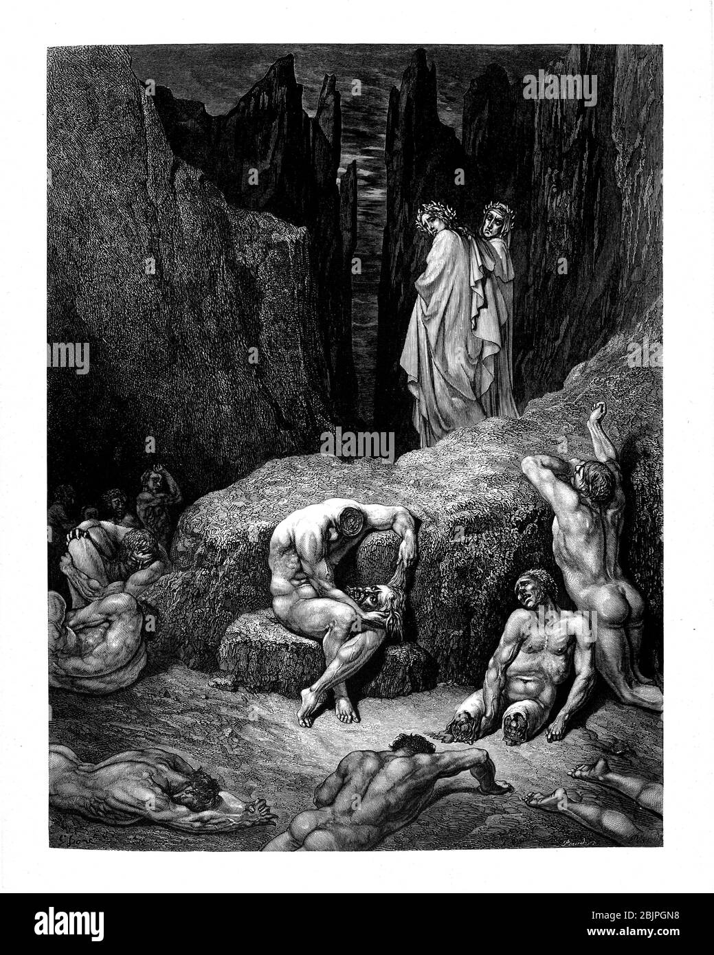 De la Divine Comédie par le poète italien du XIVe siècle Dante Alighieri. 1860 œuvres d'art, de l'artiste français Gustave Dore et gravées par Stéphane Pannemaker, de 'la Vision de l'Enfer' (1868), traduction anglaise de Cary de l'Inferno. Dante a écrit son poème épique "Divina Commedia" (la Divine Comedy) entre 1308 et sa mort en 1321. Composé de 14 233 lignes, et divisé en trois parties (Inferno, Purgatorio et Paradiso), il est considéré comme la plus grande œuvre littéraire en langue italienne et un chef-d'œuvre mondial. Il s'agit d'une étude complète de la théologie, de la littérature et de la pensée médiévales. Le nouveau non Banque D'Images