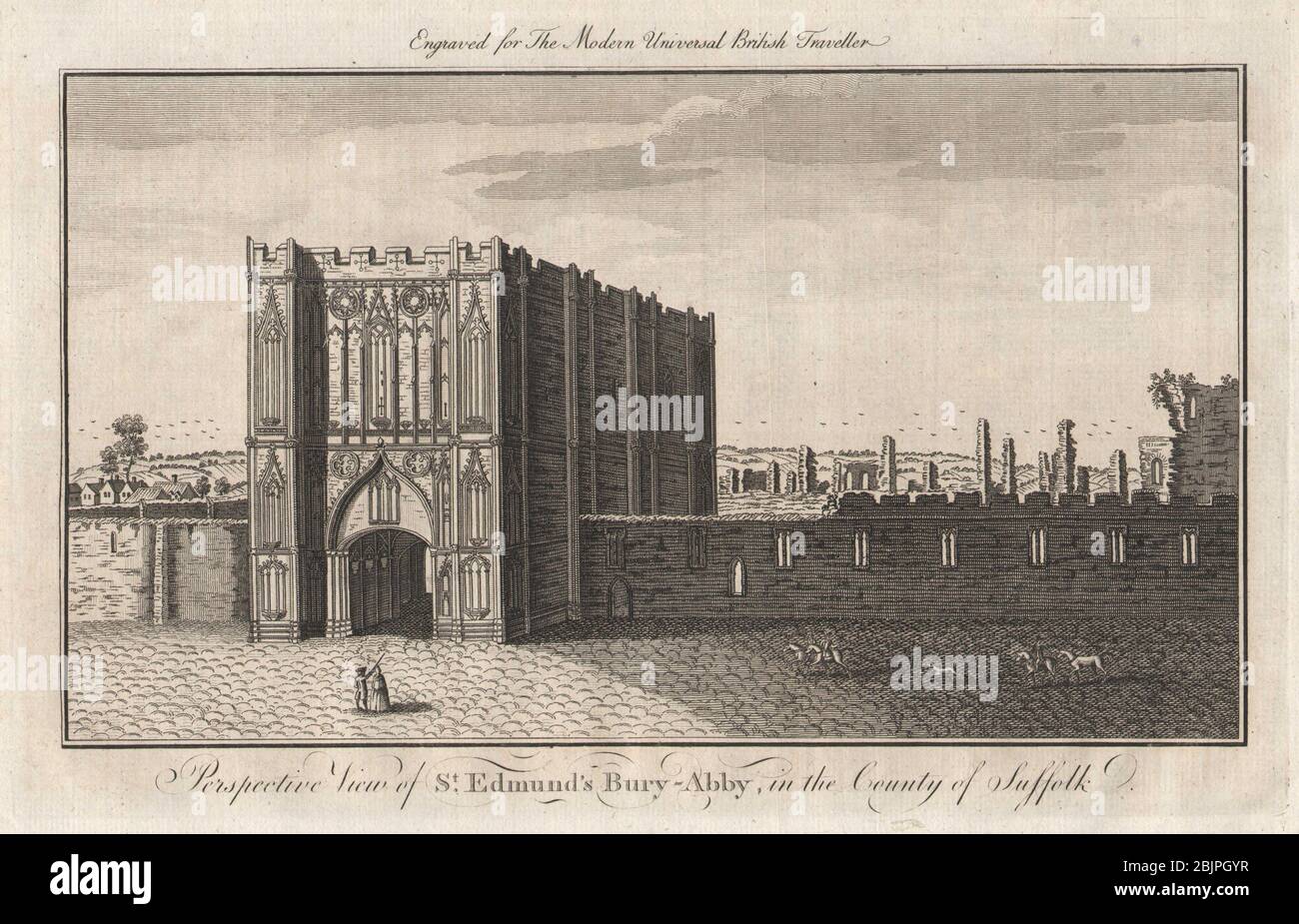 Vue sur la perspective de l'abbaye de Bury St. Edmund, Suffolk. IMPRIMÉ BURLINGTON 1779 Banque D'Images