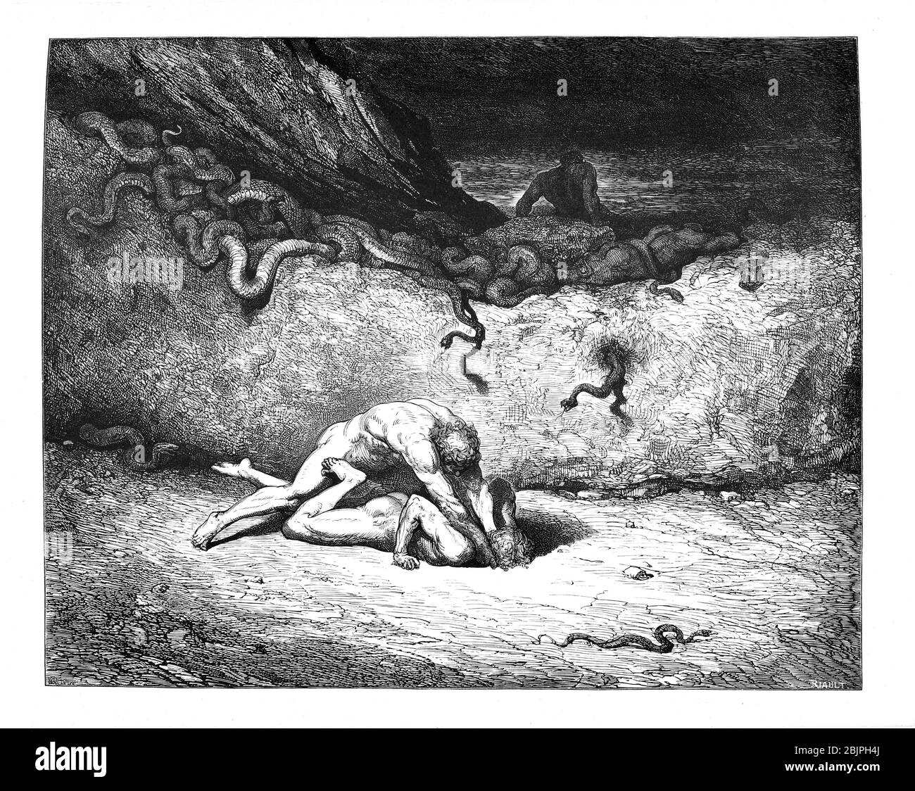 De la Divine Comédie par le poète italien du XIVe siècle Dante Alighieri. 1860 œuvres d'art, de l'artiste français Gustave Dore et gravées par Stéphane Pannemaker, de 'la Vision de l'Enfer' (1868), traduction anglaise de Cary de l'Inferno. Dante a écrit son poème épique "Divina Commedia" (la Divine Comedy) entre 1308 et sa mort en 1321. Composé de 14 233 lignes, et divisé en trois parties (Inferno, Purgatorio et Paradiso), il est considéré comme la plus grande œuvre littéraire en langue italienne et un chef-d'œuvre mondial. Il s'agit d'une étude complète de la théologie, de la littérature et de la pensée médiévales. Le nouveau non Banque D'Images
