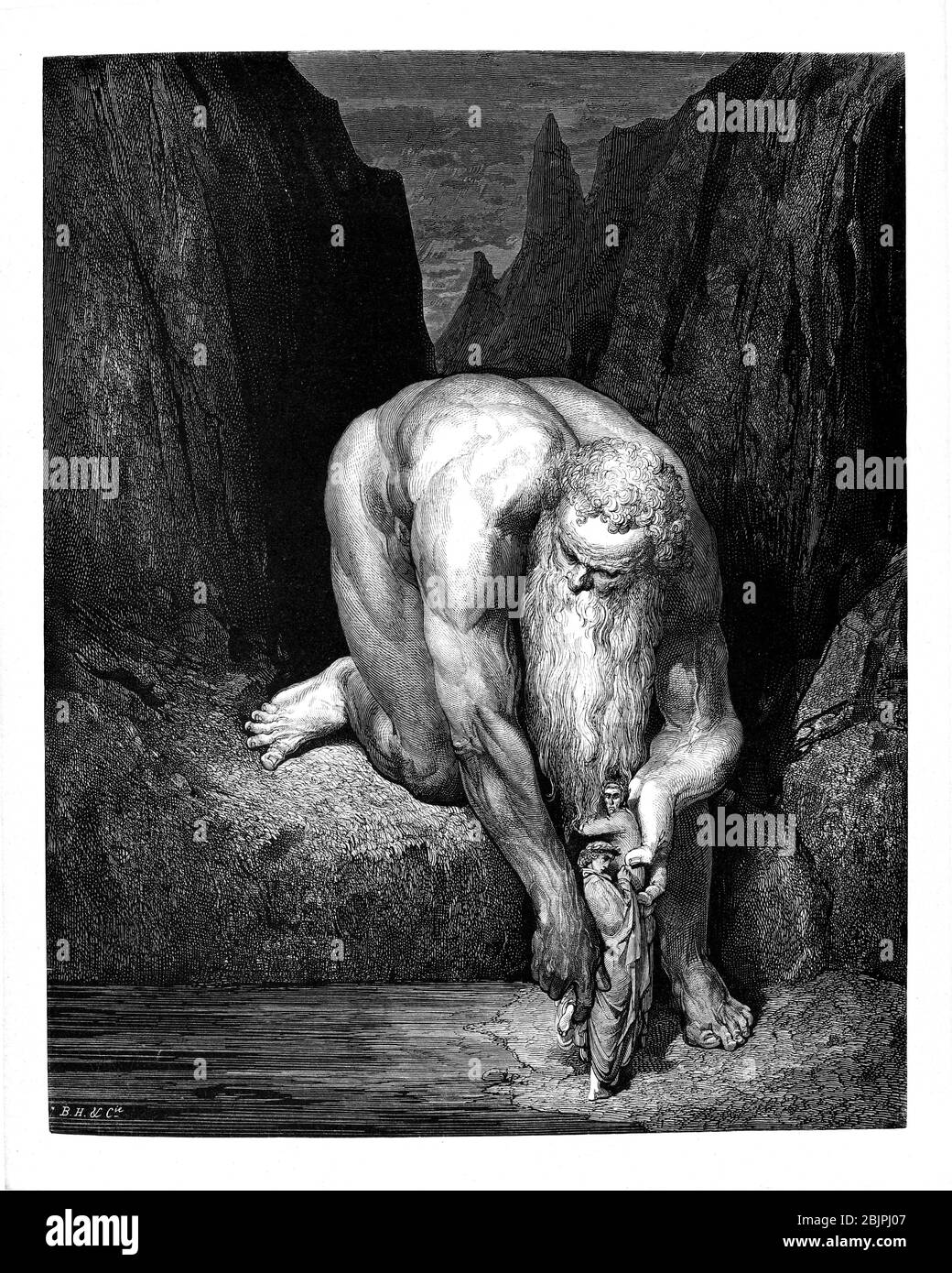 Le géant Antaeus abaissant Dante et Virgile, de la Divine Comédie par le poète italien Dante Alighieri du XIVe siècle. 1860 œuvres d'art, de l'artiste français Gustave Dore et gravées par Stéphane Pannemaker, de 'la Vision de l'Enfer' (1868), traduction anglaise de Cary de l'Inferno. Dante a écrit son poème épique "Divina Commedia" (la Divine Comedy) entre 1308 et sa mort en 1321. Composé de 14 233 lignes, et divisé en trois parties (Inferno, Purgatorio et Paradiso), il est considéré comme la plus grande œuvre littéraire en langue italienne et un chef-d'œuvre mondial. C'est une étude complète de médiéval Banque D'Images