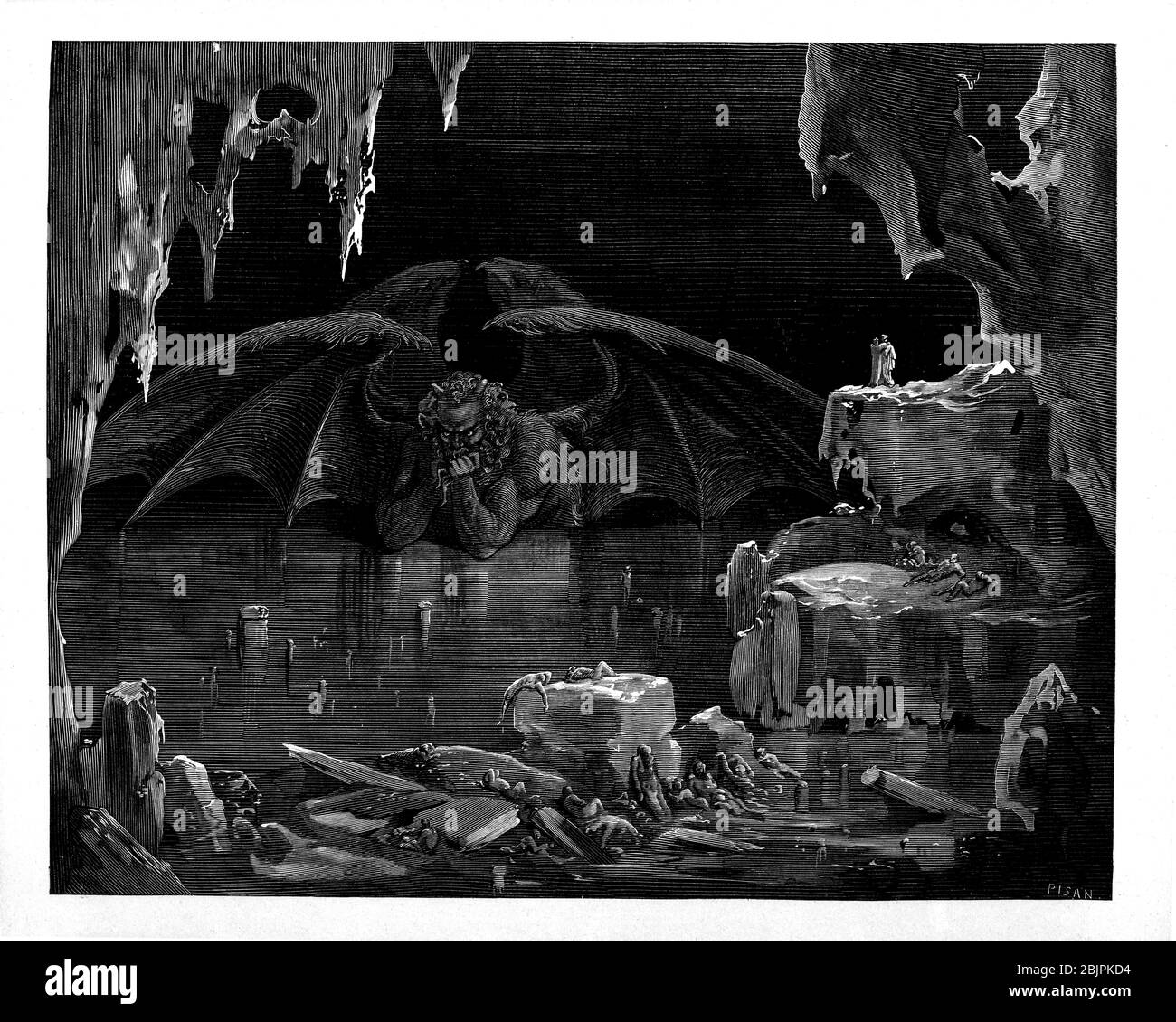 De la Divine Comédie par le poète italien du XIVe siècle Dante Alighieri. 1860 œuvres d'art, de l'artiste français Gustave Dore et gravées par Stéphane Pannemaker, de 'la Vision de l'Enfer' (1868), traduction anglaise de Cary de l'Inferno. Dante a écrit son poème épique "Divina Commedia" (la Divine Comedy) entre 1308 et sa mort en 1321. Composé de 14 233 lignes, et divisé en trois parties (Inferno, Purgatorio et Paradiso), il est considéré comme la plus grande œuvre littéraire en langue italienne et un chef-d'œuvre mondial. Il s'agit d'une étude complète de la théologie, de la littérature et de la pensée médiévales. Le nouveau non Banque D'Images