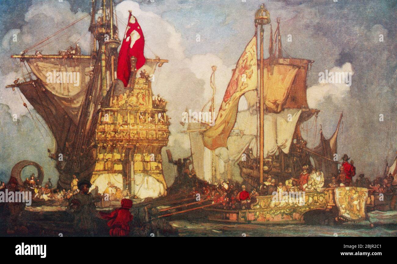 La reine Elizabeth I va à bord du Golden Hind, après la peinture de Frank Brangwyn. De Grande-Bretagne et de ses voisins, 1485 - 1688, publié 1923. Banque D'Images