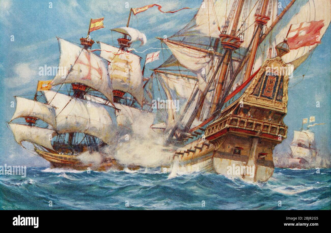 L'Armada espagnole dans la Manche, un incident dans la course à pied. D'après le tableau de C.M. Padday. From Britain and Her Neighbours, 1485 - 1688, publié en 1923. Banque D'Images