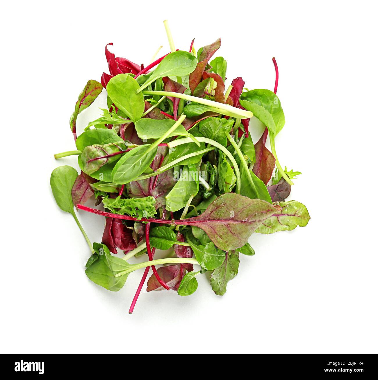 Mélange de différentes salades sur fond blanc Banque D'Images