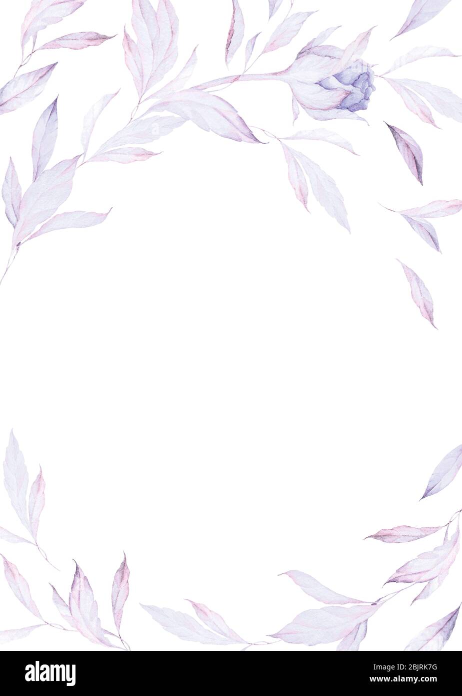 Bordure fleurie. Feuilles de Bud bleu clair. Décoration d'invitation à un mariage. Bannière de carte. Aquarelle. Qualité d'impression. Fond blanc. Banque D'Images