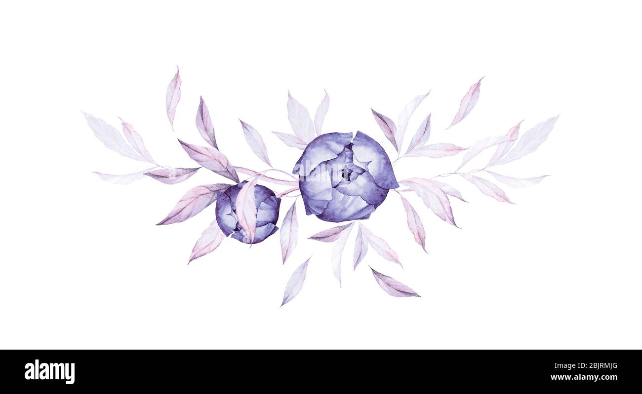 Composition florale. Bleu bourgeons bleu clair Bleu feuilles luxuriantes. Décoration d'invitation à un mariage. Aquarelle. Composition préfabriquée. Qualité d'impression. Fond blanc Banque D'Images