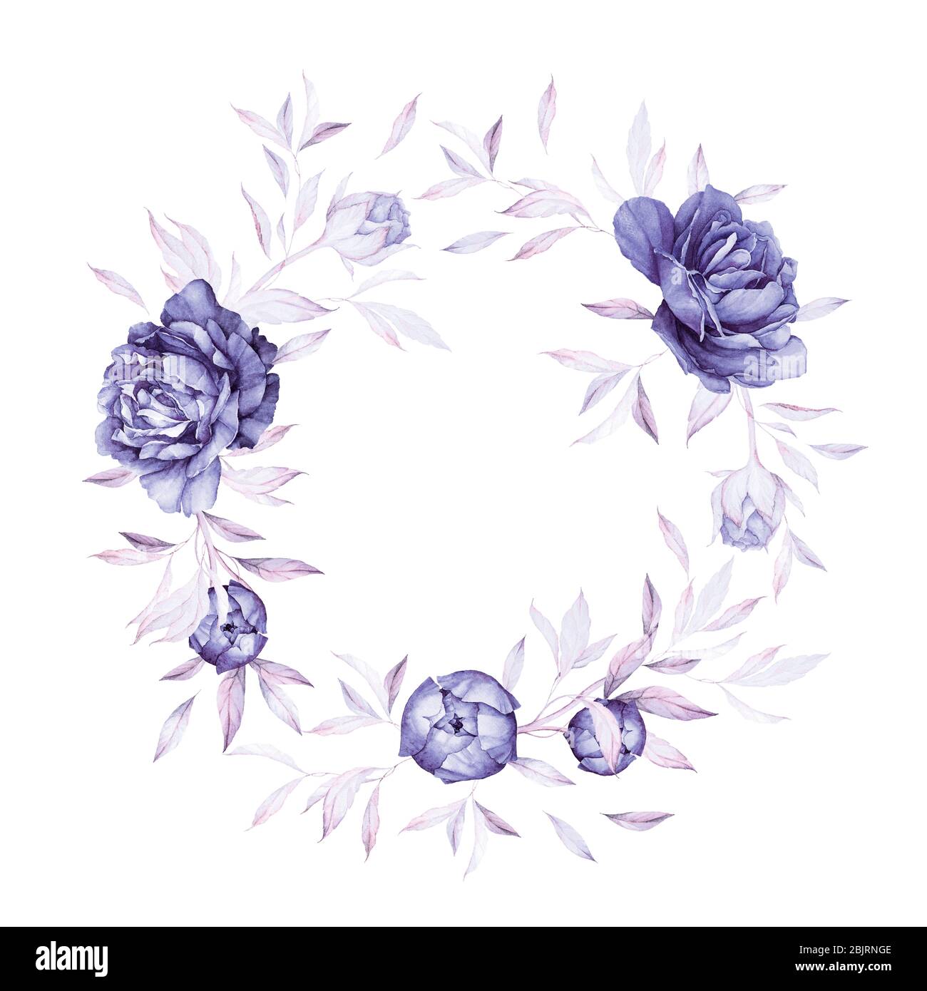 Couronne fleurie. Boutons de fleurs bleues. Feuilles bleu clair. Décoration d'invitation à un mariage. Aquarelle. Composition préfabriquée. Qualité d'impression. Fond blanc Banque D'Images