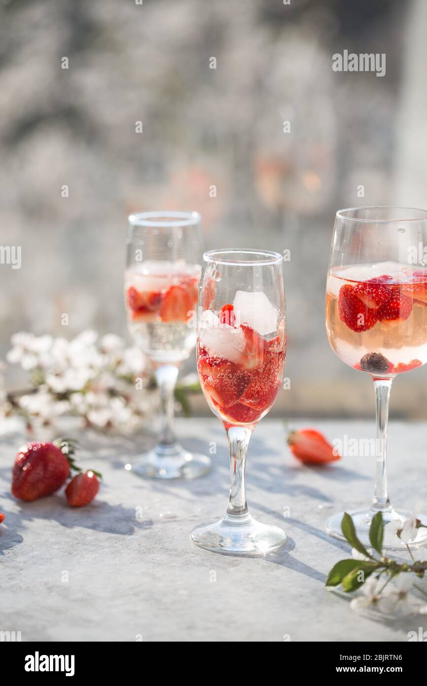 Cocktail rose avec champagne ou prosecco et framboises fraîches pour la Saint-Valentin. Banque D'Images