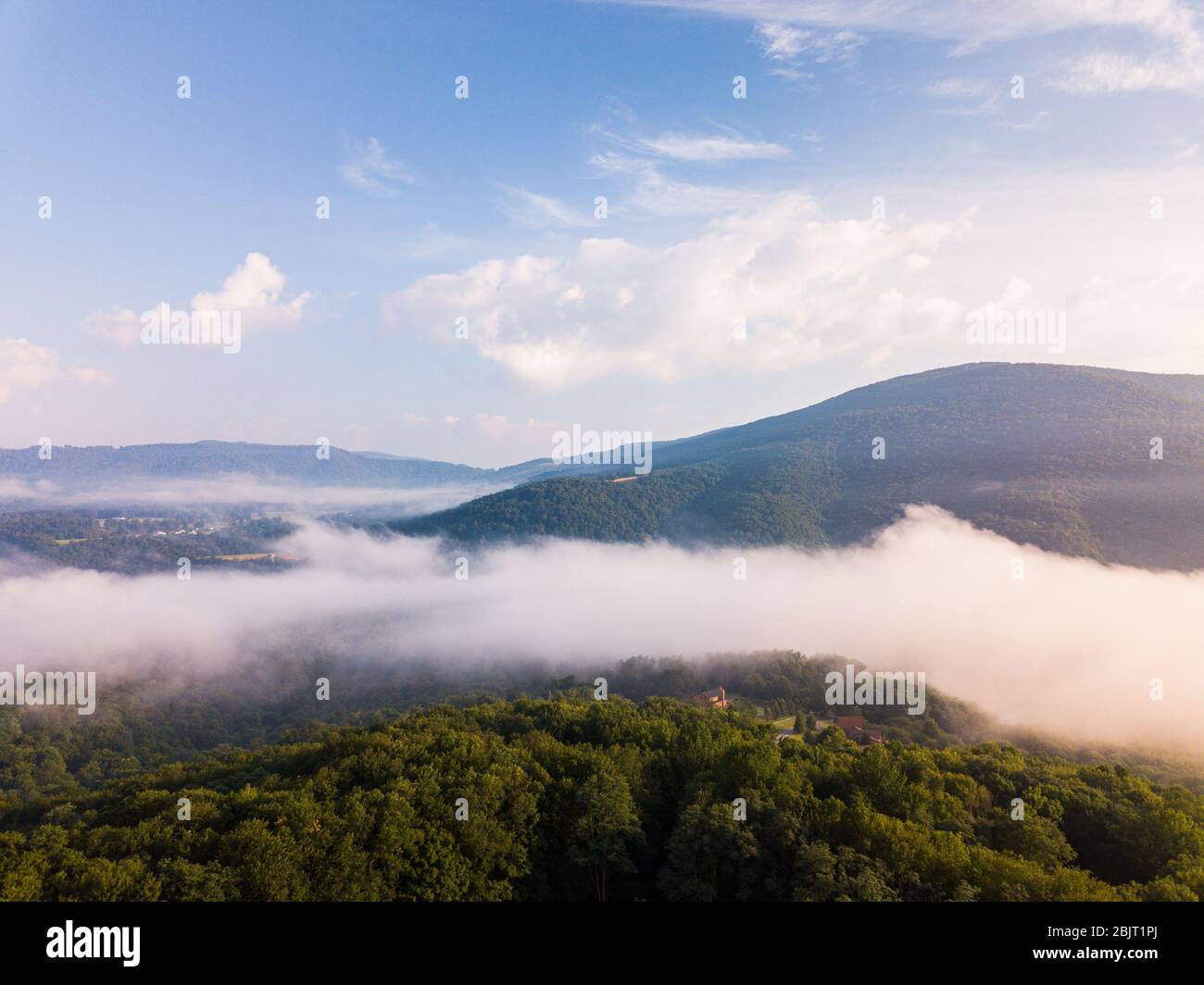 Le brouillard du matin serpente à travers les montagnes autour de Dolly Sods et de la vallée de Red Creek en Virginie occidentale. Banque D'Images