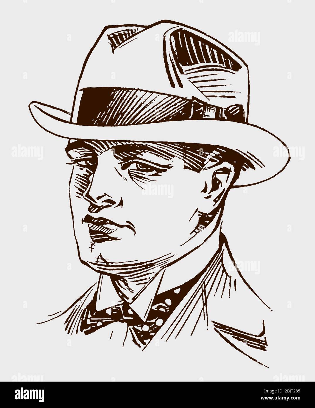 Portrait d'un homme historique du début du XXe siècle en vue de quart de face, portant un chapeau, un col montant et une noeud papillon en pointillés Illustration de Vecteur