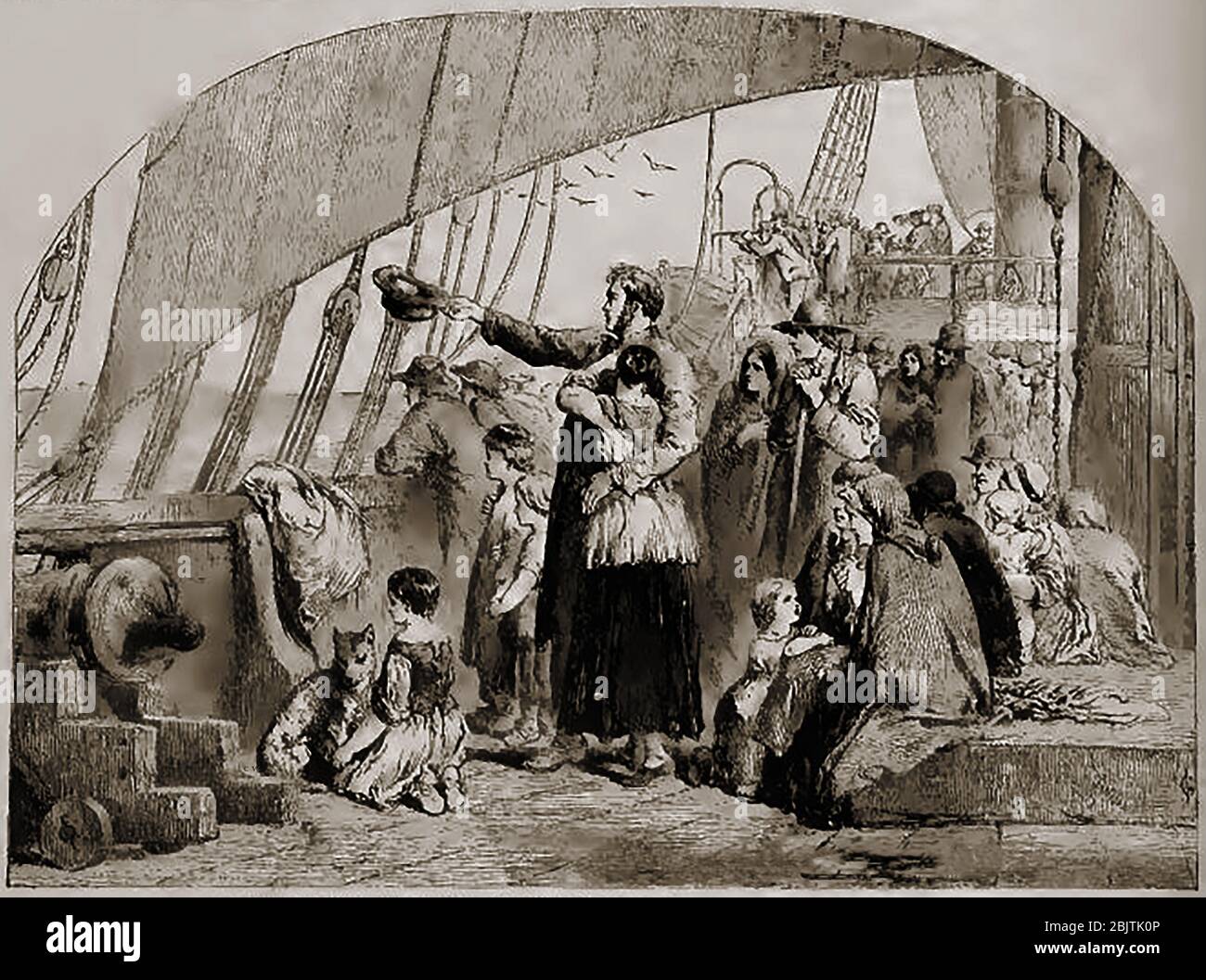 Un imprimé des années 1860 montrant une famille d'émigrants (avec leurs animaux de compagnie) sur le pont à bord d'un navire en Angleterre, se faisant au revoir à leurs familles Banque D'Images