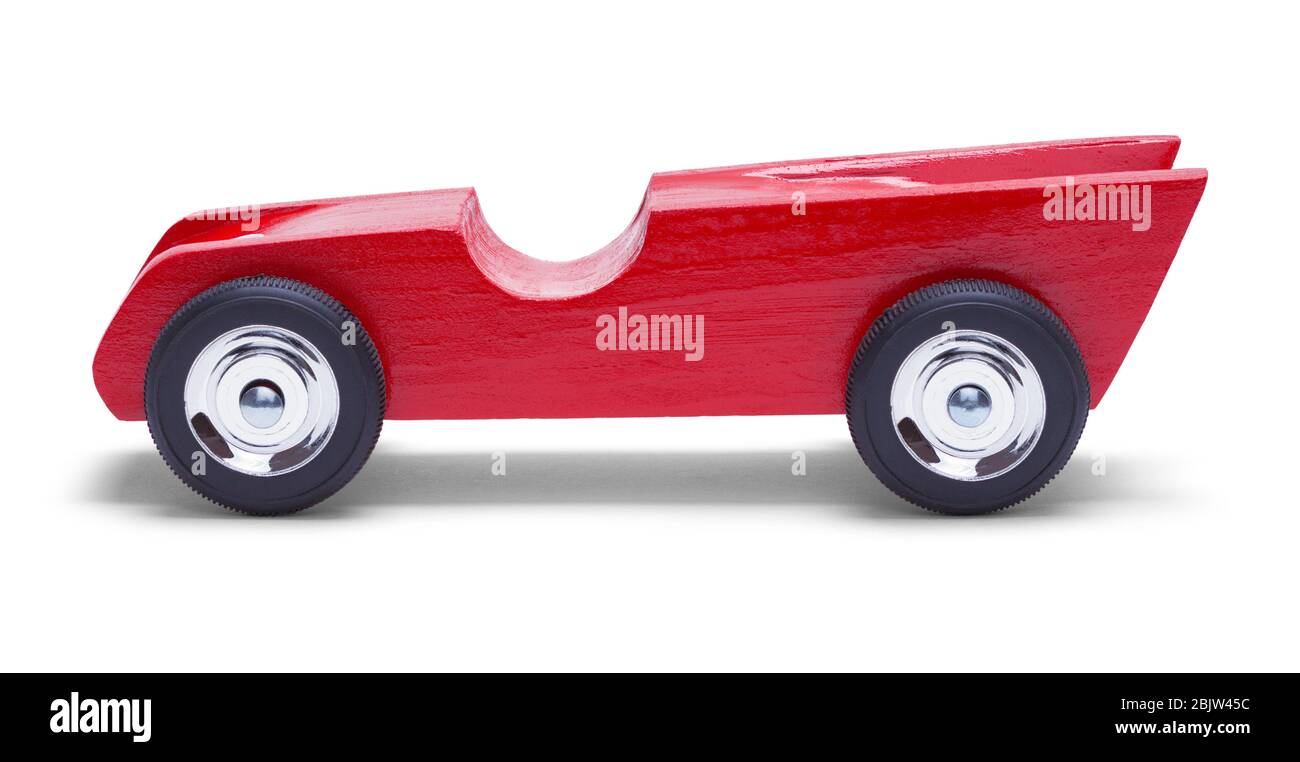Vue latérale sur voiture de wood Derby isolée sur blanc. Banque D'Images