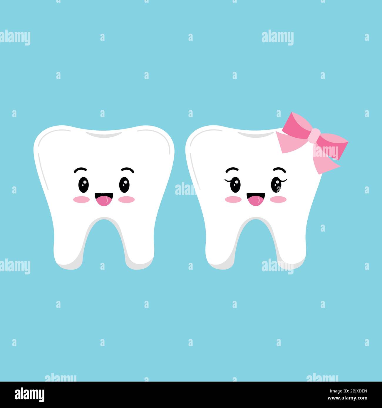 Joli ensemble de vecteur émoticônes pour garçon et fille isolé sur fond bleu. Collection de signes de dents souriantes et drôles. Dessin animé à plat kawai St Illustration de Vecteur