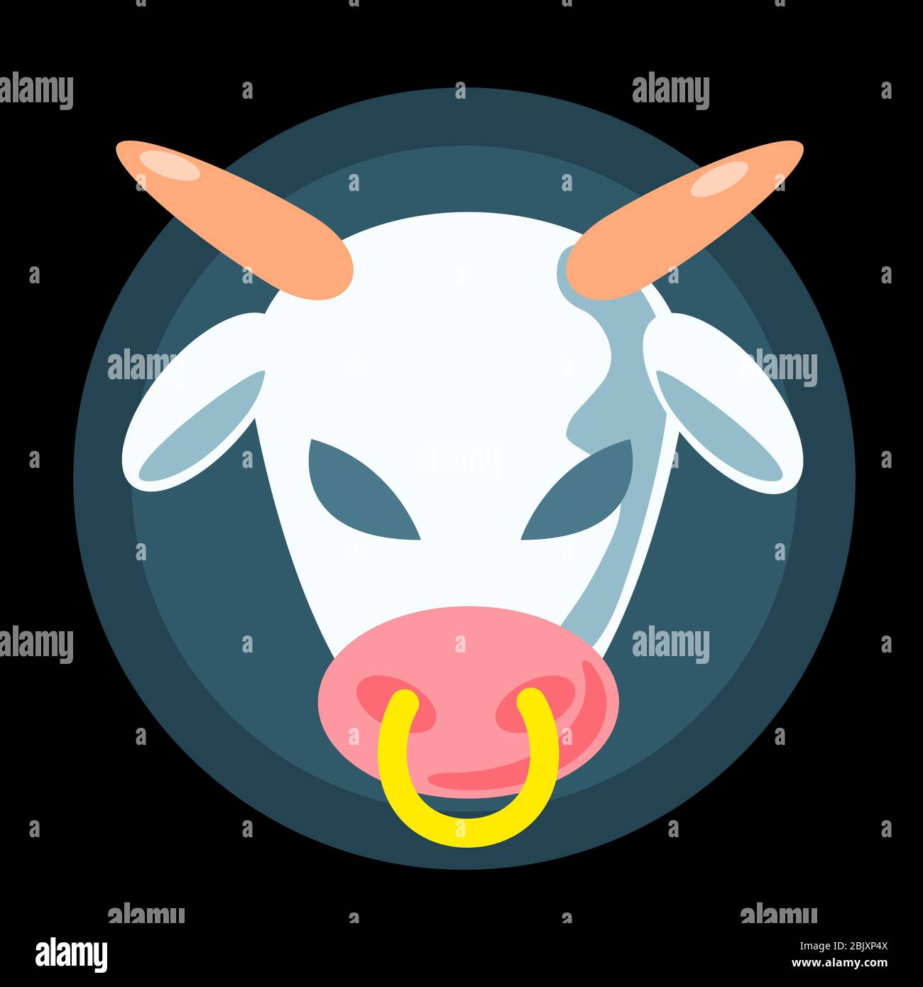 Logo plat de concept de tête de vache étrangère. Dessin animé animal blanc avec yeux noirs mal illustration vectorielle sur fond. Drôle de caractère simple. Autocollant symbole OVNI. Imprimé tee-shirt paranormal. Illustration de Vecteur