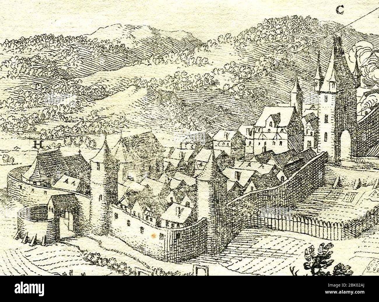 Homberg Efze, Holzhäuser Toranlage und Obertorturm, Merian. Banque D'Images