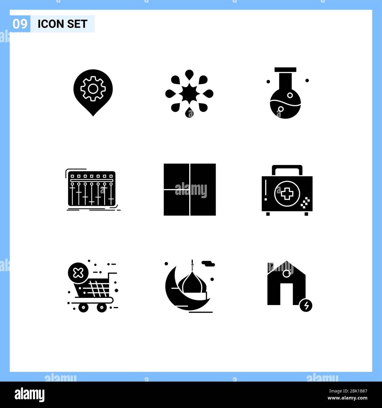 9 concept de glyphe solide pour les sites Web grille Mobile et Apps, musique, chimie, mélangeur, éléments de conception vectoriel modifiables par la console Illustration de Vecteur