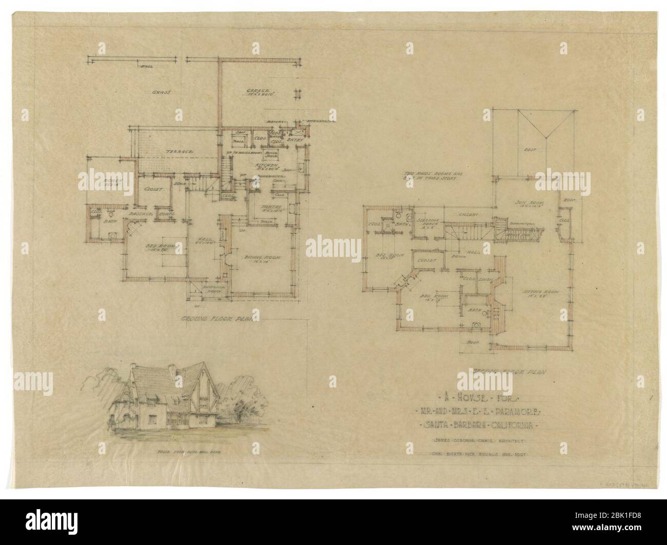 Maison de M. et Mme E. L. Paramore, Santa Barbara, Californie. Plans et rendu) - James Osborne Craig, architecte Banque D'Images