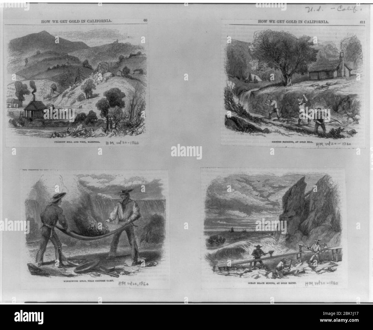 Comment obtenir de l'or en Californie - «Fremont Mill and vein, Mariposa», «coupe du sol, à Gold Hill», «wwinnwing Gold, près du camp chinois» et «Ocean Beach mining, à bluff or Banque D'Images