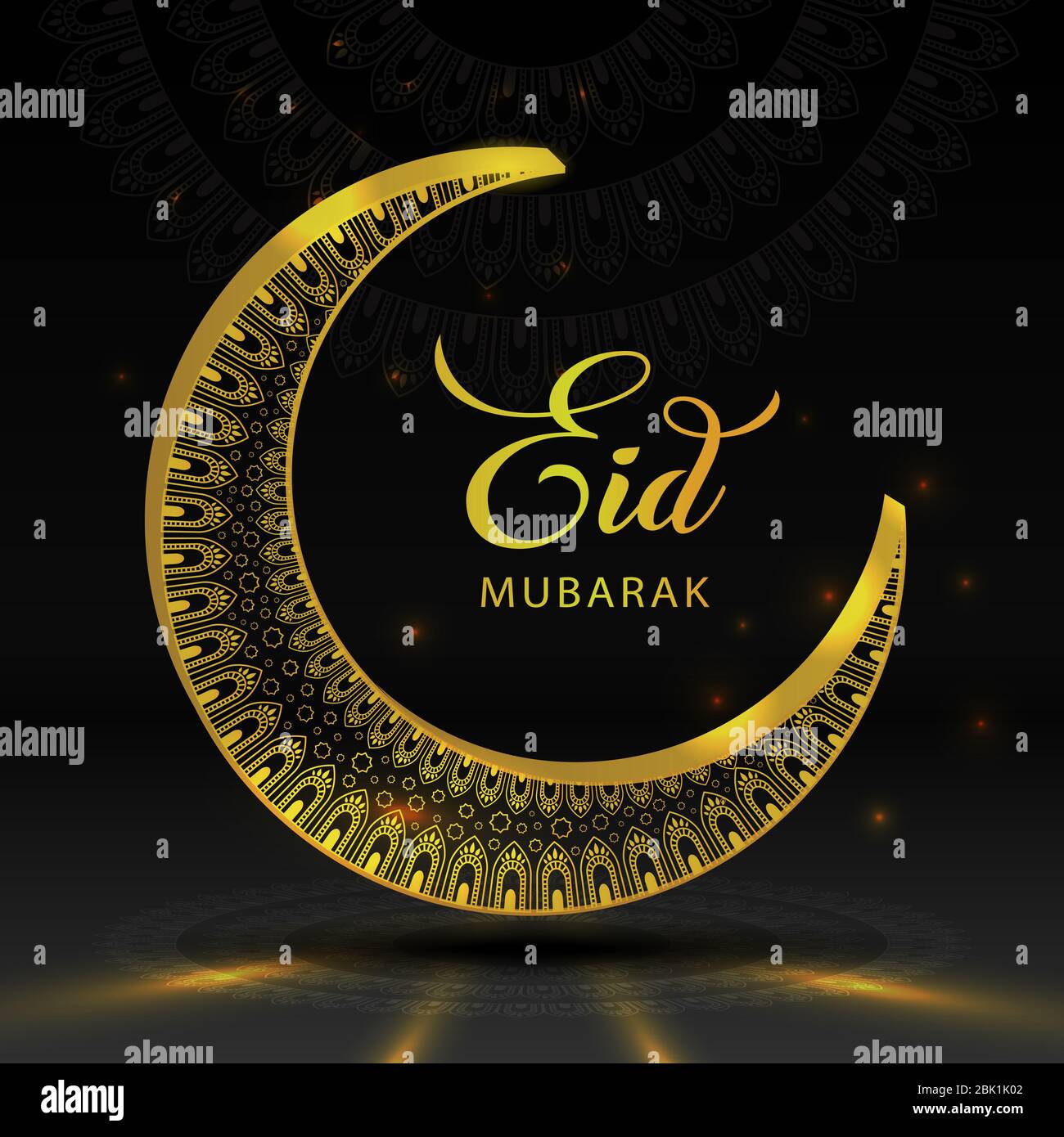 EID Mubarak Golden Black fond de conception voeux papier peint avec le croissant d'or brillant 3D Lune et fleurs Mandala éléments illustration. Banque D'Images