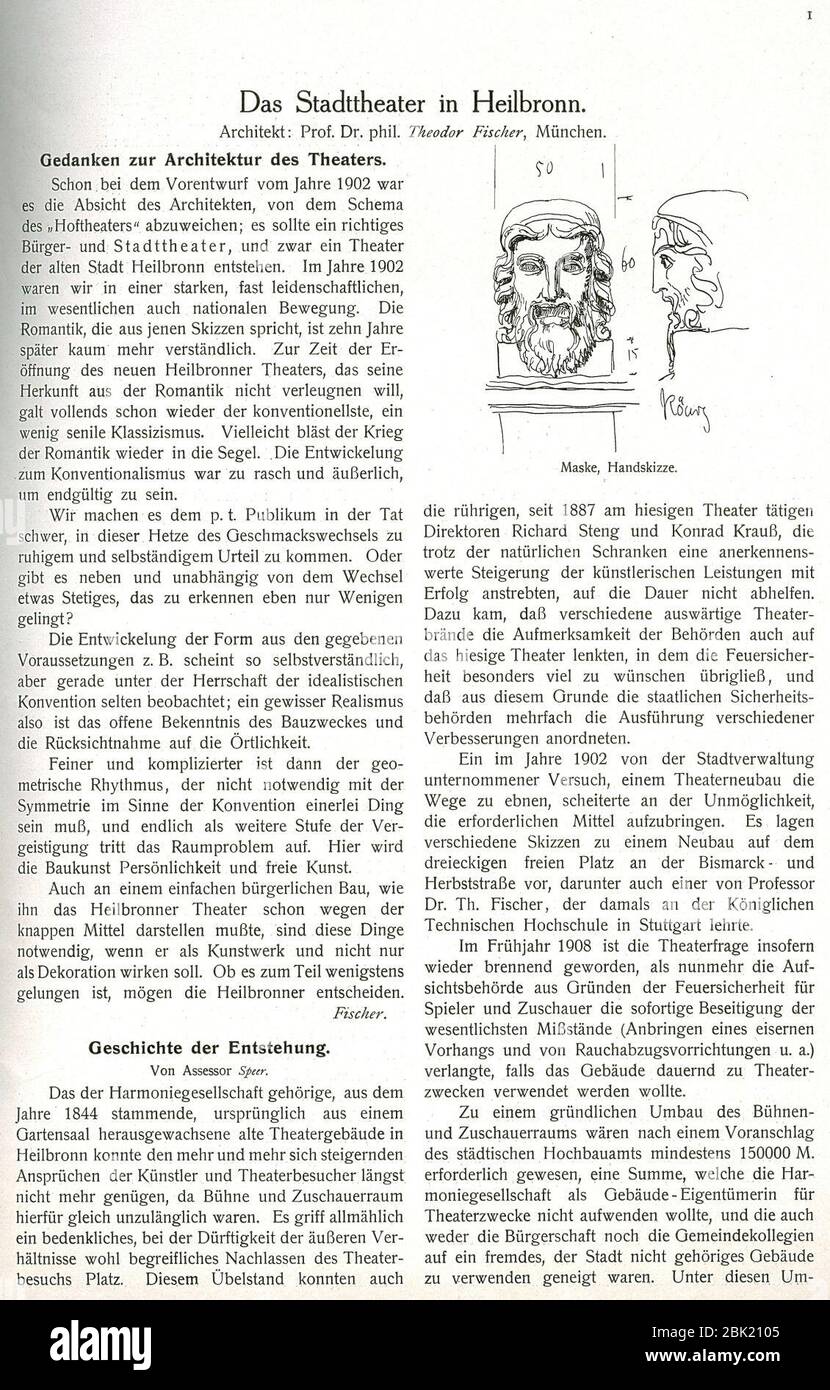 Hugo Licht, Das Stadttheater à Heilbronn, Seite 1, (Sonderdruck O. JG. Der Zeitschrift für Architektur und Bauwesen - Der Profanbau), Verlag J. Arnd, Leipzig 1913. Banque D'Images