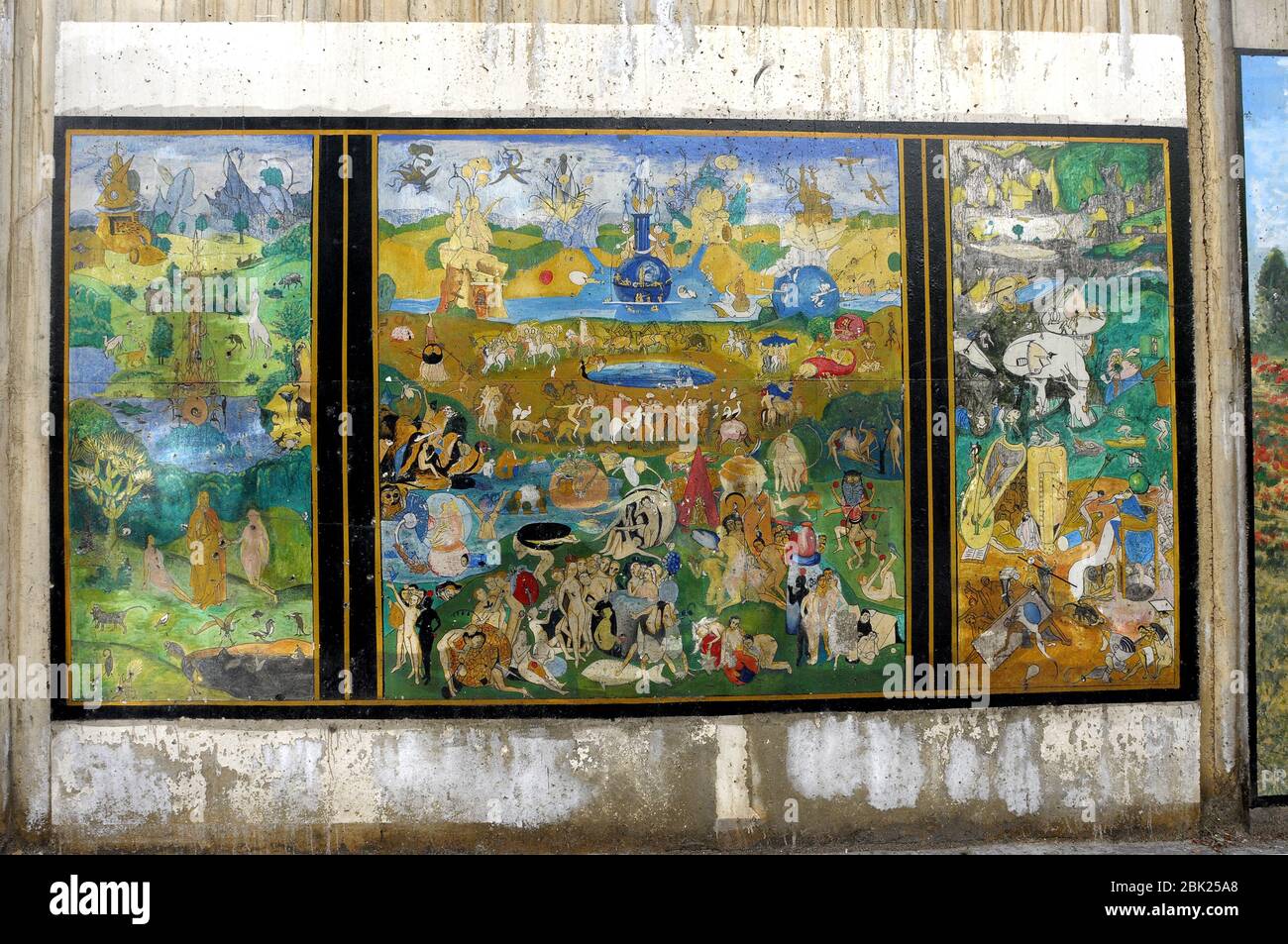 Le Bosco, le jardin de délices sur un mur de rue, l'art de rue, célèbre peinture Banque D'Images