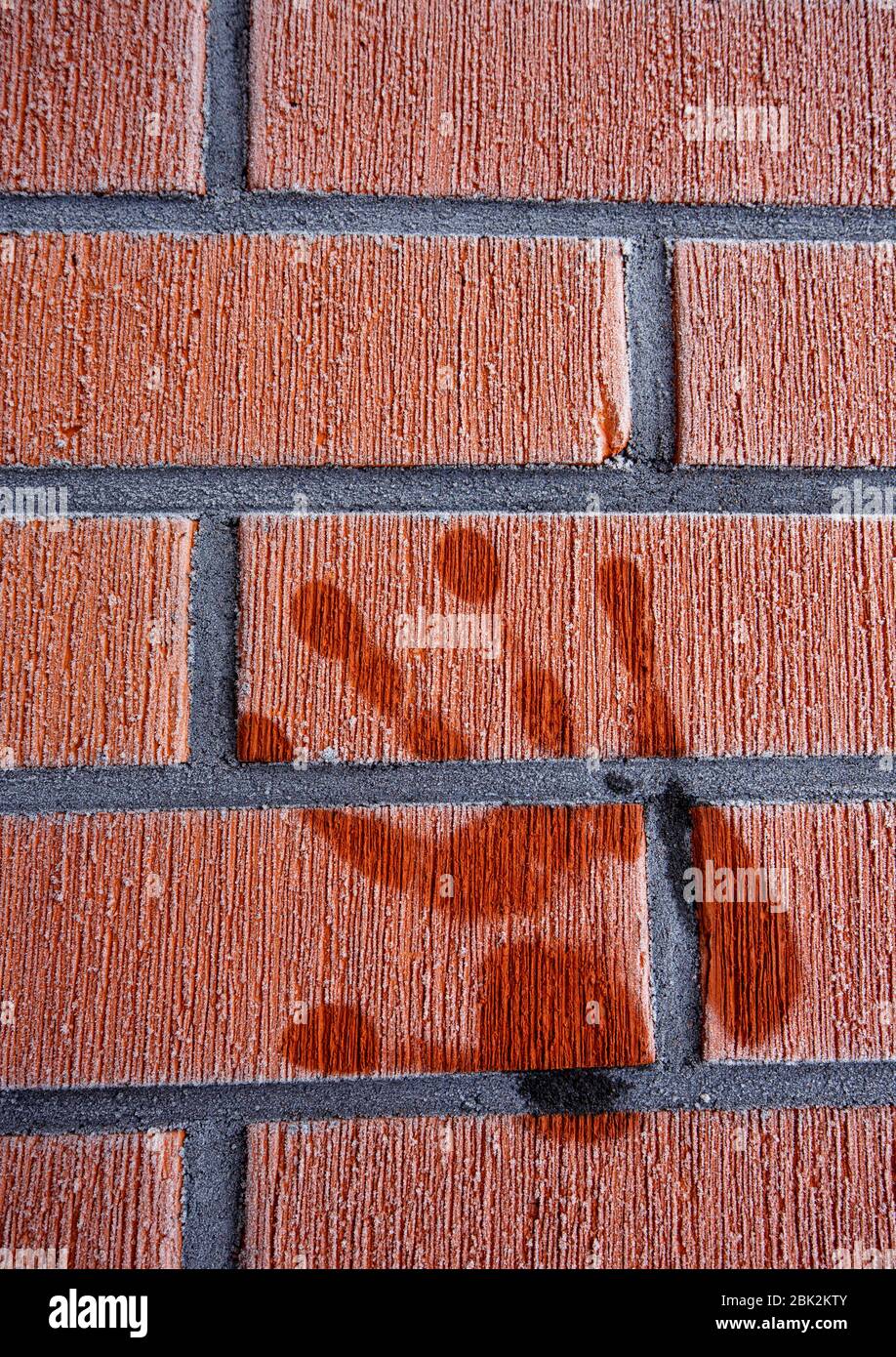 Imprimé palmiers fondu sur mur de carreaux rouges givrés à Winter, Finlande Banque D'Images