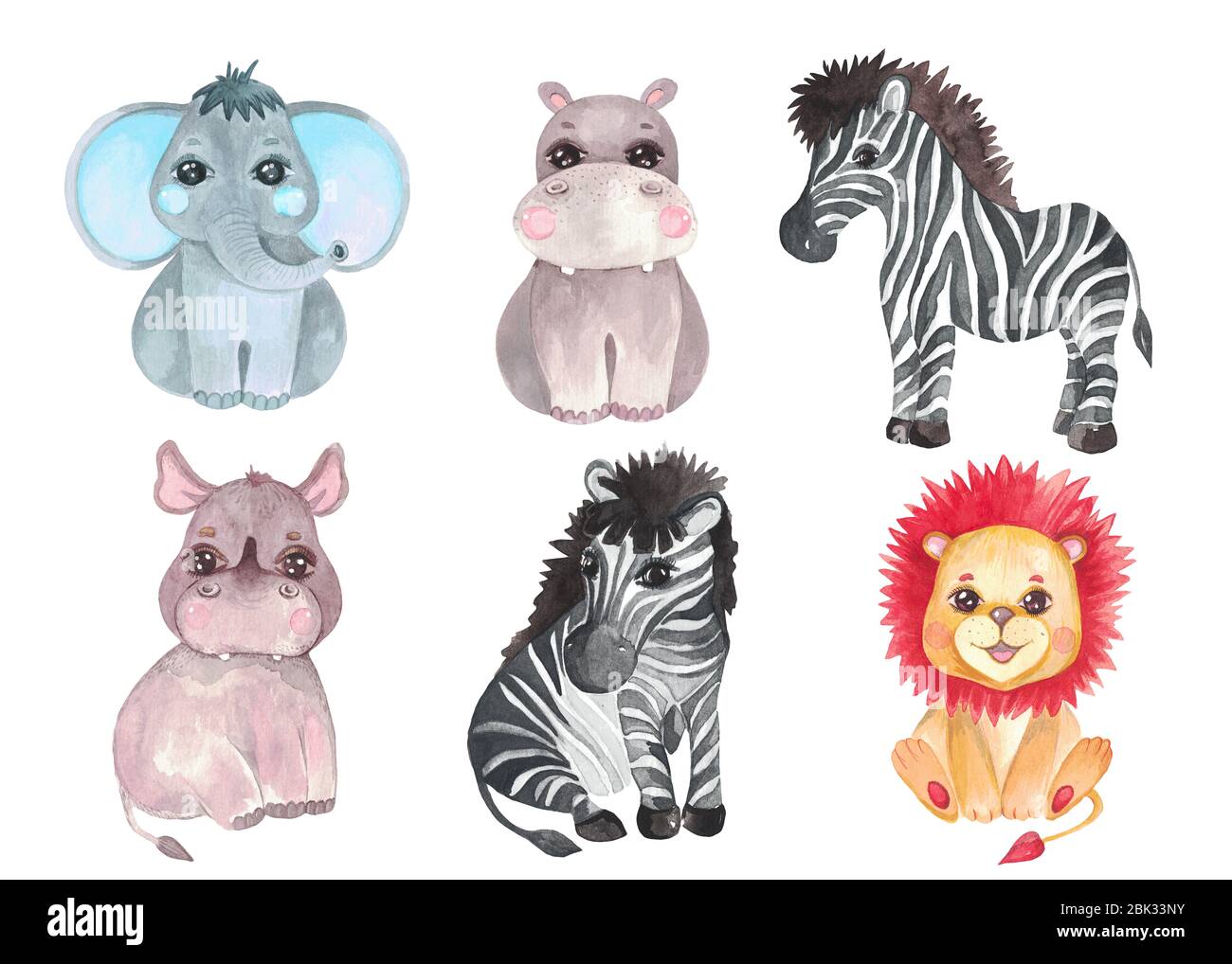 Jeu d'illustrations aquarelle Safari bébé animaux. Décoration de pépinière douche de bébé animaux tropicaux éléphant lion zèbre Rhino Hippo Banque D'Images